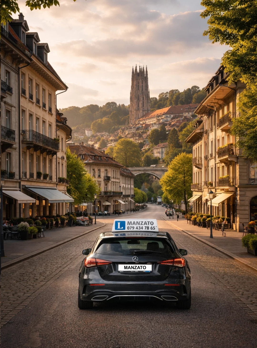 Voiture d'auto-école Manzato devant la cathédrale de Fribourg